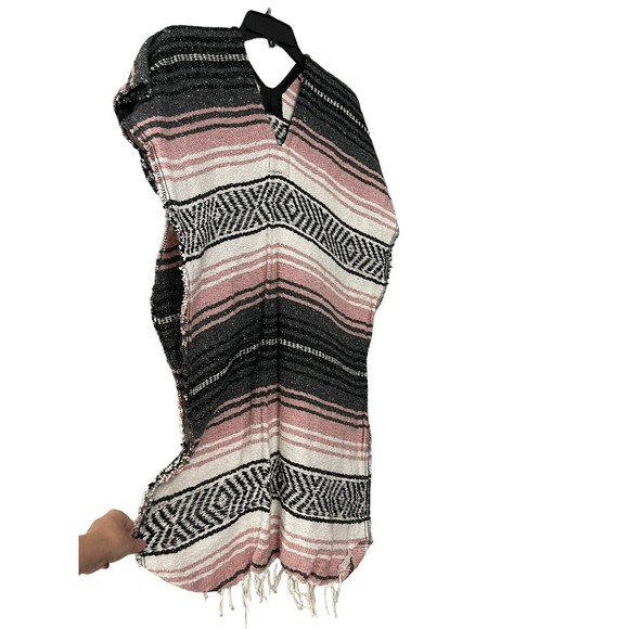 Blanket Poncho Multi Striped Fringes Southwestern Mexican By Frank Textiles - Picture 2 of 6